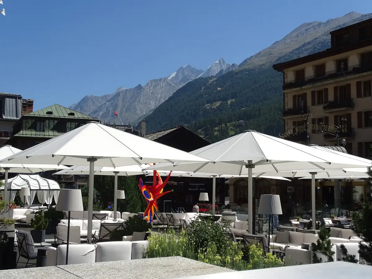 Hotel terraces on the Bahnhofstrasse in Zermatt